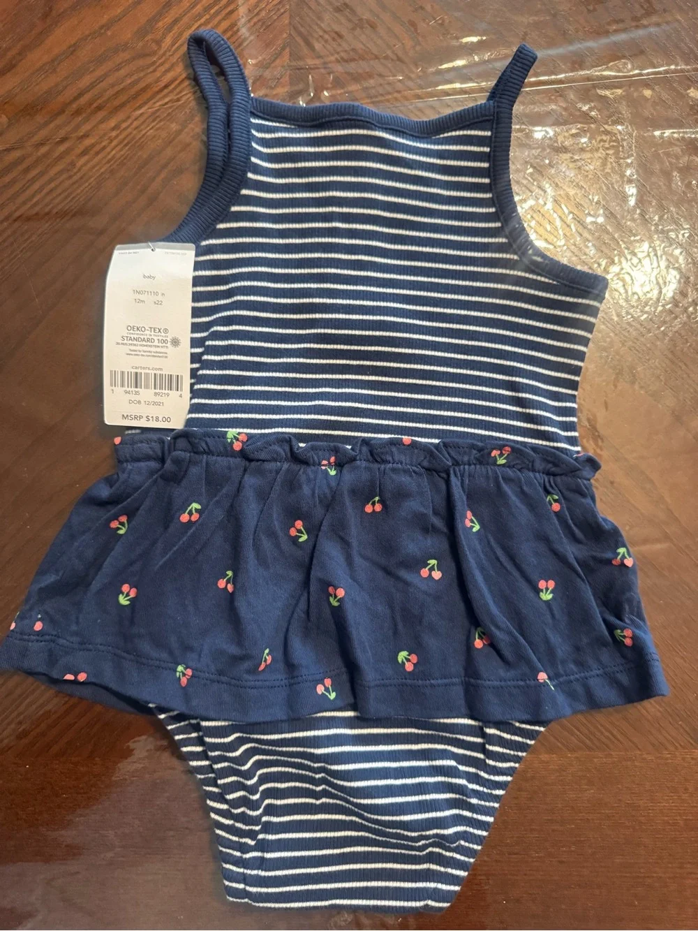 Carter's Navy & White Striped Romper Dress with Cherry Print